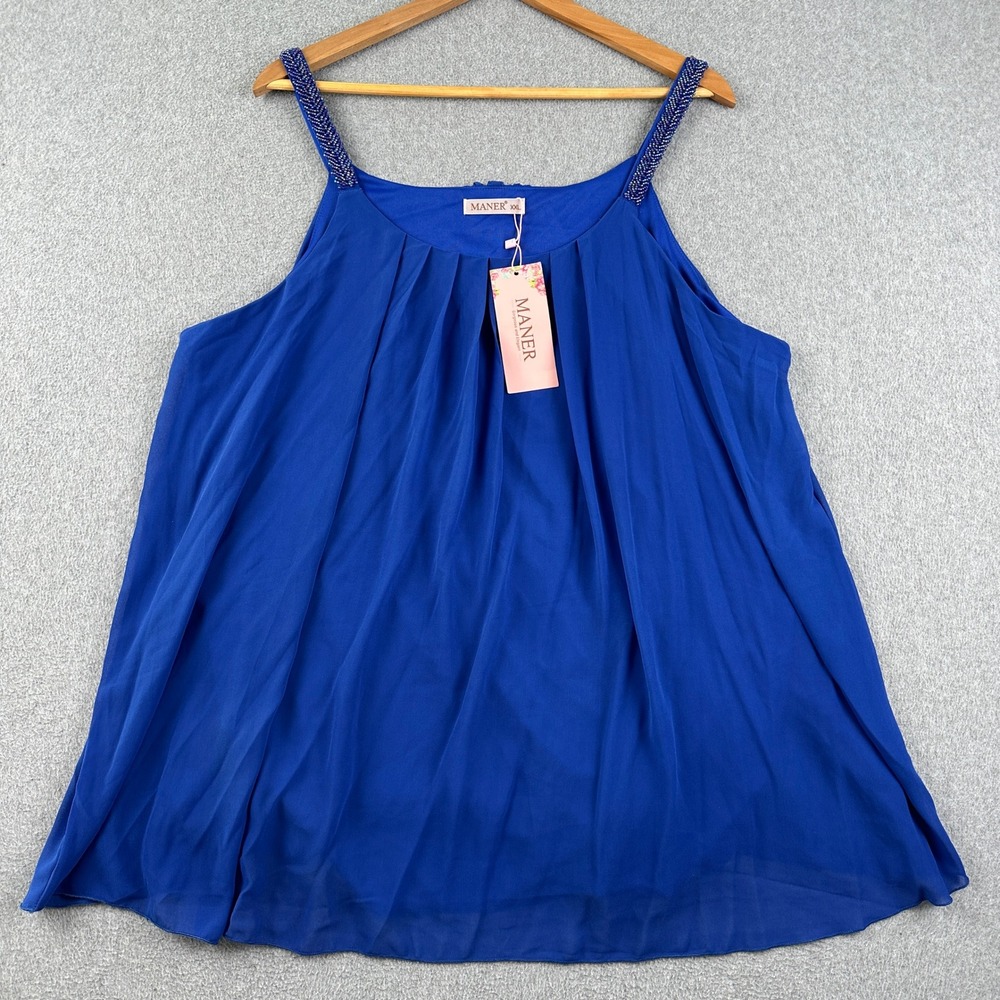 Maner Tank Top Womens 3XL MA665# Blue Beaded Strap Pleated Chiffon Blouse NEW